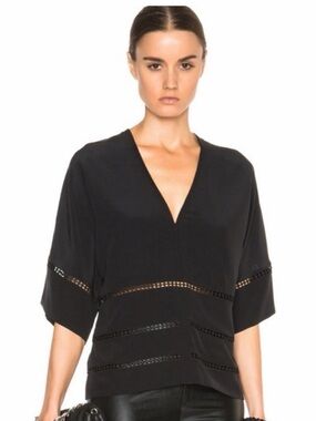 IRO Nika top size 42, Black V-Neck Crochet-Trim Dolman Top